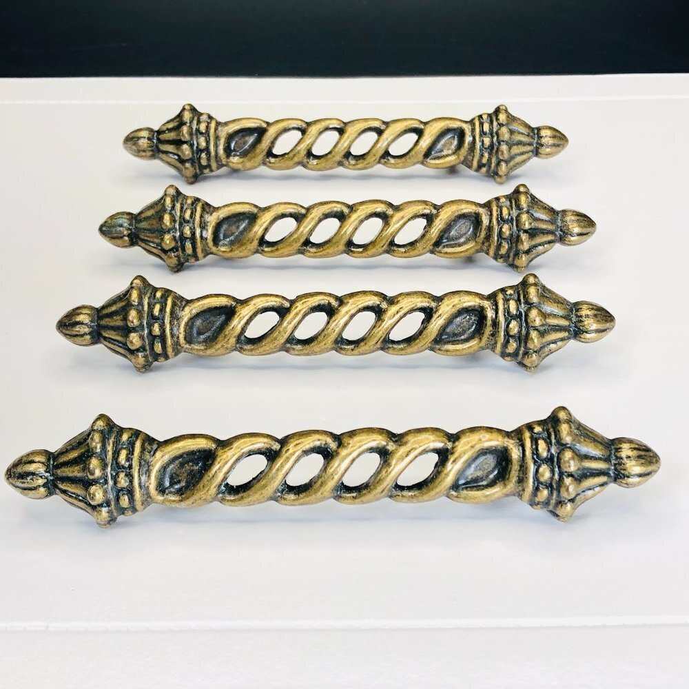 70s Scovill AJAX Mediterranean Hardware Set of 4 Ornate Brass Drawer Pulls